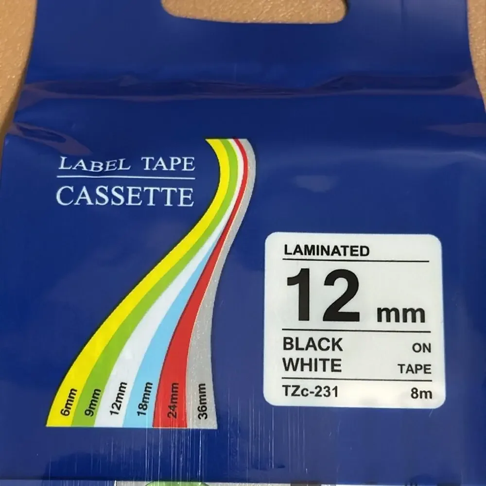 Set of 10 label tape cassette laminated 12 mm black on white tape TZc-231 NEW